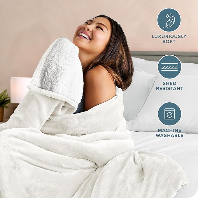 Bare Home Sherpa Fleece Blanket - Twin/Twin Extra Long - Blanket for Bed, Sofa, and Couch - Warm & Lightweight - Fluffy & Soft - Reversible (Twin/Twin XL, Cream)