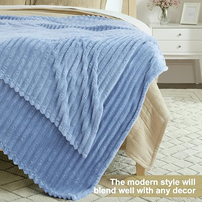 decorUhome Christmas Soft Fleece Blue Grey Throw Blanket for Couch, Cozy Fluffy Plush Flannel Striped Blanket for Sofa Bed, Lightweight Decorative Ribbed Fuzzy Blanket for Woman, 50x60 Inches