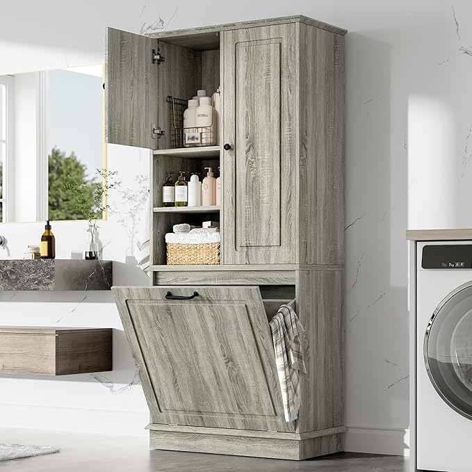 Tall Storage Cabinet with Adjustable Shelves & Flip-Out Basket, MDF Material with Aluminum Alloy Handles, Large Capacity for Bathroom, Kitchen, Living Room, Office Organizer, Oak
