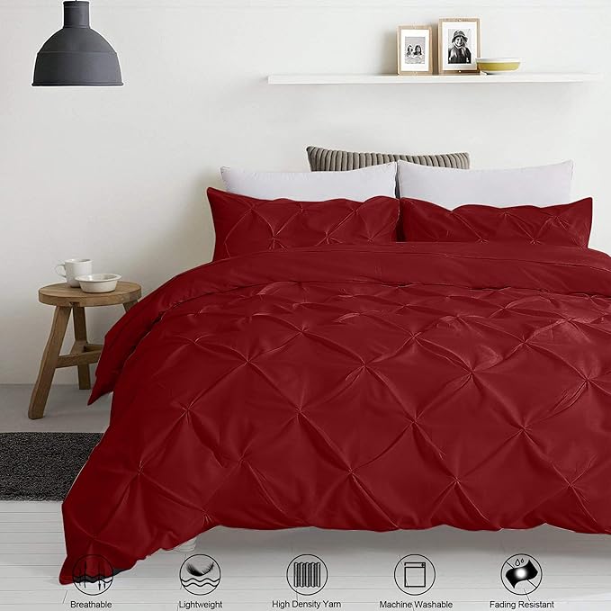 Pinch Pleated Duvet Cover Set 100% Brushed Microfiber 3PC Queen Size 90x90 Duvet Cover Set, Decorative Pinch Design Burgundy Duvet Cover with Matching Pillow Case