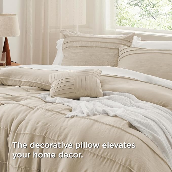 Bedsure Twin Comforter Set - 3 Pieces Pinch Pleat Bed Set, Linen Boho Bedding for All Season, 1 Soft Comforter, 1 Pillowcase, 1 Decorative Pillow