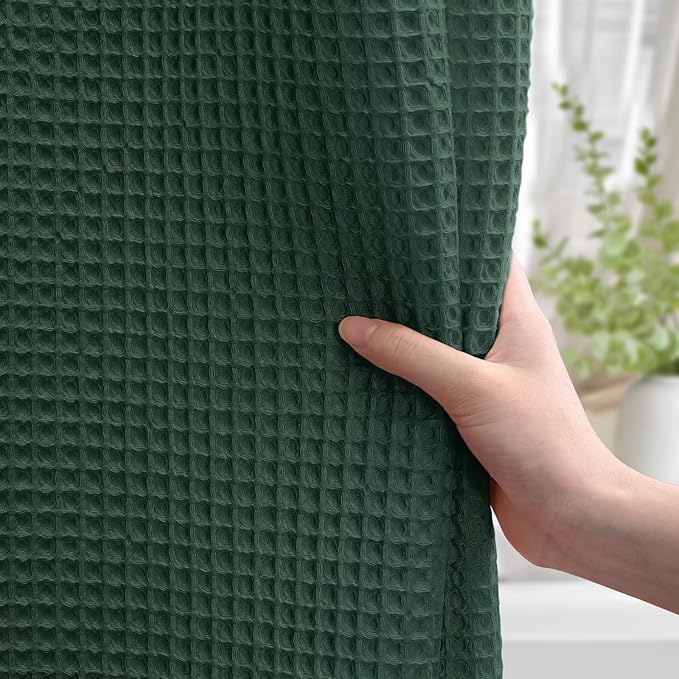 Long Waffle Shower Curtain - Dark Green Cotton Texture Fabric Heavyweight Shower Curtain for Bathroom,72Wx78L