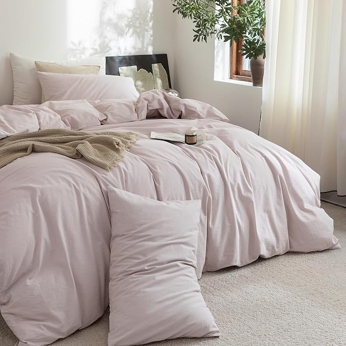 FOSSA Duvet Cover Set 100% Washed Cotton Linen Feel Super Soft Breathable Cozy 3 Pieces Bedding Sets Solid Greyish Pink Twin