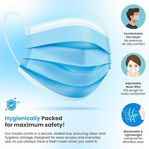 PURE GEM [Pack of 150] Single Use Disposable Blue Face Mask, Soft on Skin, 3-ply Masks Facial Cover with Elastic Earloops Great For Home, Office, School, and Outdoors