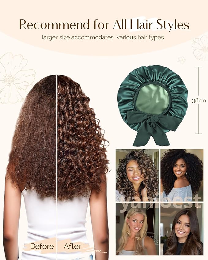 YANIBEST Silk Hair Bonnet for Sleeping, Double Layer Hair Bonnet with Elastic Tie Band for Curly Natural Hair Reduce frizz