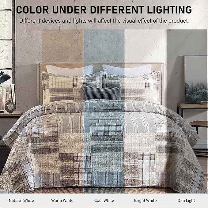 KALOOLA 100% Cotton Quilts King Size 3 Pieces, Farmhouse Plaid King Quilt Bedding Sets, Brown Rustic King Size Bedspreads, Reversible Lightweight King Coverlet for All Seasons