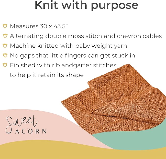 Knit Baby Blanket in Cable Pattern, Organic Cotton Blankets for Crib or Stroller, Receiving Blankets - Sunset Orange