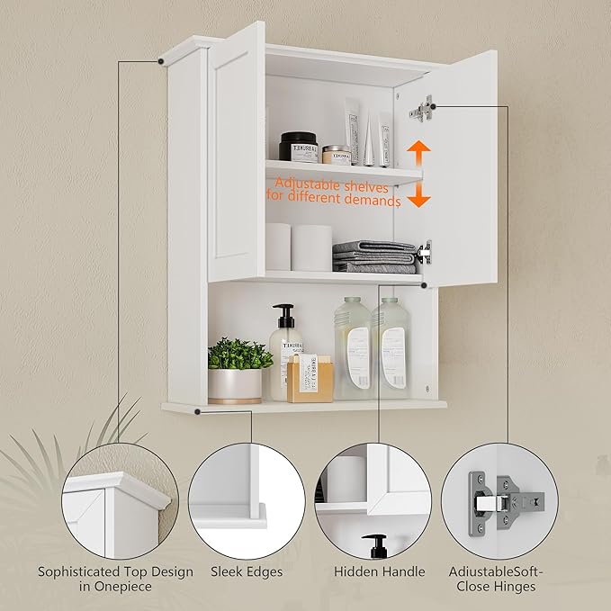 Bathroom Wall Cabinet, Over The Toilet Storage Cabinet, 23x29 Inch Medicine Cabinet with 2 Door & Adjustable Shelf, Bathroom Cabinet Wall Mount for Laundry Room, Kitchen, Small Spaces