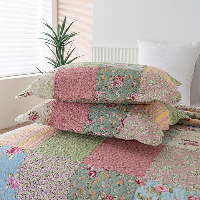 YAYIDAY Quilts Queen Size Patchwork Bedspread Set - 100% Cotton Reversible Breathable Floral Quilted Quilt with Pillow Shams Fit All Season