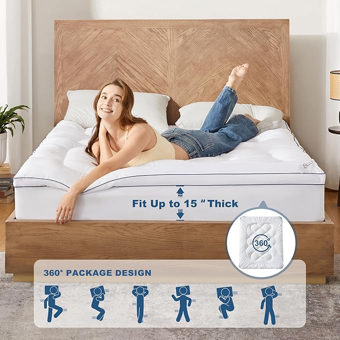 BEDLORE Twin XL Mattress Topper, Thick Pillow Top Pad for Back Pain Relief, Cooling Soft Mattress Cover with Deep Pockets 6-15 inch