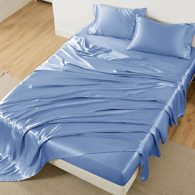 Bedsure Satin Sheets Full Size - 4 Piece Silky Bedsheets with 15 Inches Deep Pocket Fitted Bedsheet,1 Flat Sheet, 2 Satin Pillowcases, Good for Hair & Skin (Full, Sky Blue)