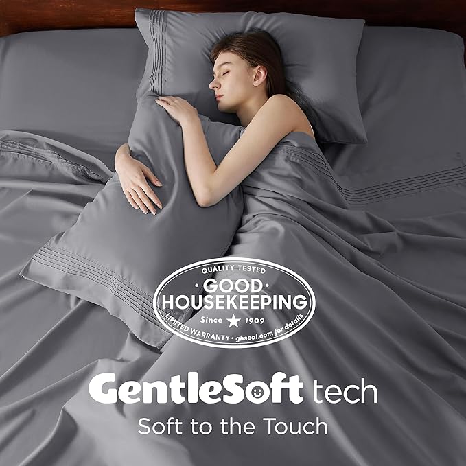Bedsure Deep Pocket Queen Sheets Set - Fits Mattresses Up to 21 Inches Thick - 4 Piece GentleSoft Bed Sheets, Moisture Wicking, Soft & Cooling Bedsheet & Pillowcases, Easy & Secure Fit, Grey
