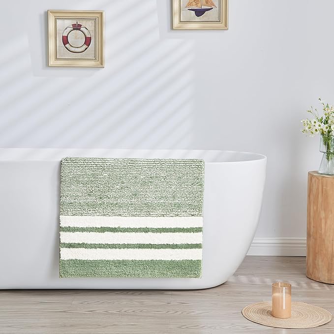 CozeCube Bath mats for Bathroom Non Slip, Fluffy Absorbent Microfiber Bath mat Washable, Aesthetic Bathroom Rugs, Small Sage Green Striped Bath mat, Sage Green, 24" x 16"