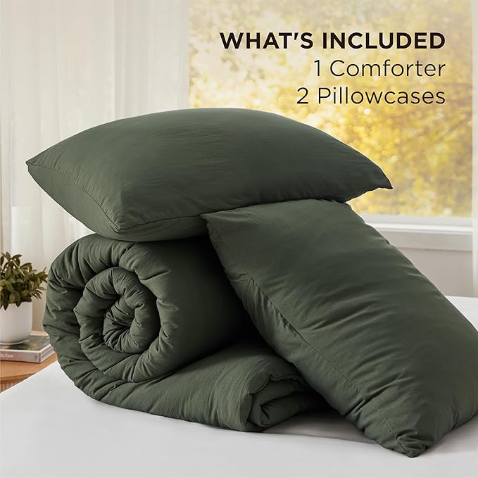 Bedsure Super King Plus Size Comforter Set, Dark Green Soft Prewashed Bedding for All Seasons, 3 Pieces GentleSoft™ Bed Set, 1 Lightweight Comforter (128"x120") and 2 Pillowcases (20"x36")