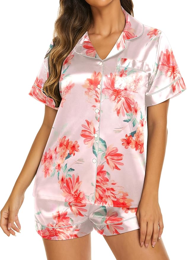 Ekouaer Pajamas for Women Set Silk Satin Pjs Shorts Sleepwear 2 Piece Loungewear S-XXL