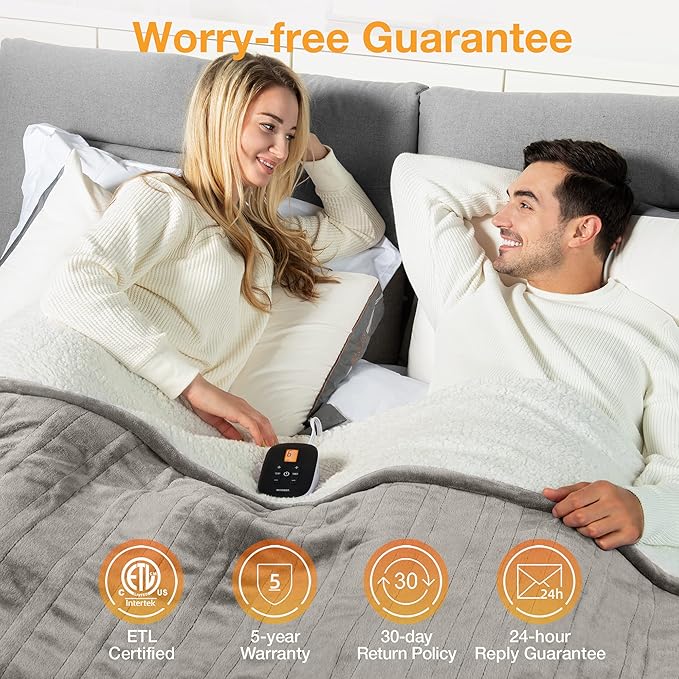 WOOMER Electric Blanket Full Size,Durable Flannel and Soft Sherpa,Dual Control,77”×84” Heated Throw Blanket, 10 Heat Levels&0.5-12h auto-Off,Energy Efficient,ETL Certified