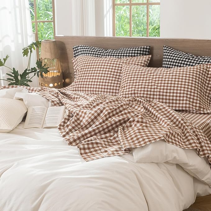 MooMee Gingham Sheet Set 100% Washed Cotton Linen Like Textured Breathable Soft w/ Fully Elasticized 16-19" Deep Pocket (Classic Gingham Dark Orange, Queen)