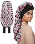 AWAYTR Long Satin Bonnet for Sleeping, Reversible Double Layer Hair Bonnet with Elastic Tie Band (Ink Floral Print+Black)
