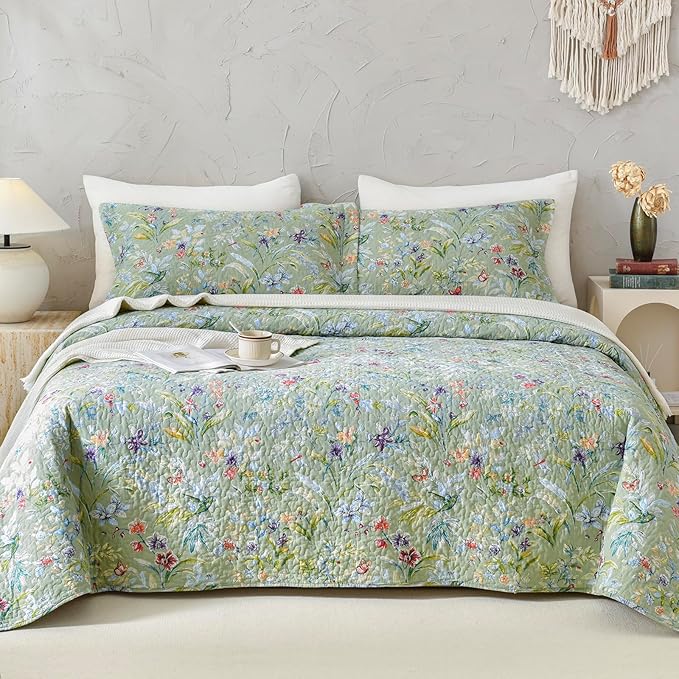 Lady Ann Green Floral 100% Cotton Quilt Sets Queen - Green Flower Bird Butterfly Print Botanical Bedding,Vintage Lightweight Coverlet Ultra Soft Bedspread Set with Pillow Shams for All Season, 3 PCS