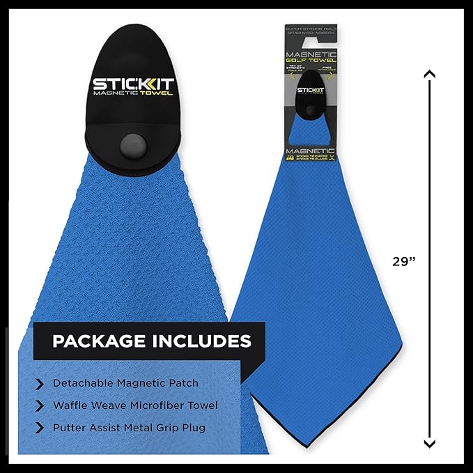STICKIT Magnetic Golf Towel, Royal Blue, Premium 29" Microfiber with Deep Waffle Pockets, Industrial Strength Magnet Holds Secure to Golf Carts & Clubs, Ultra-Absorbent, Fast-Drying, Easy-Clean Design