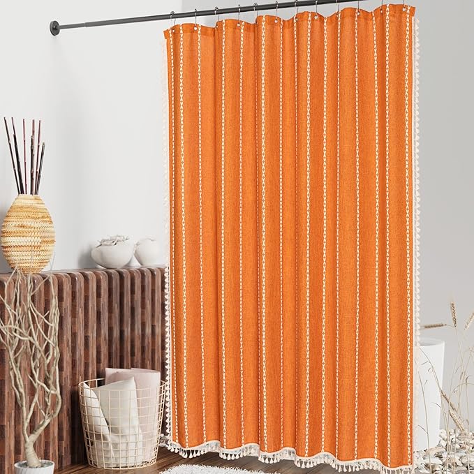 MitoVilla Boho Extra Long Shower Curtain 72 x 96, Orange Modern Farmhouse 96 inch XL Polyester Linen Texture Tassel Fabric Shower Curtain Set with Hooks for Cottagecore Country Bathroom Decor,Orange