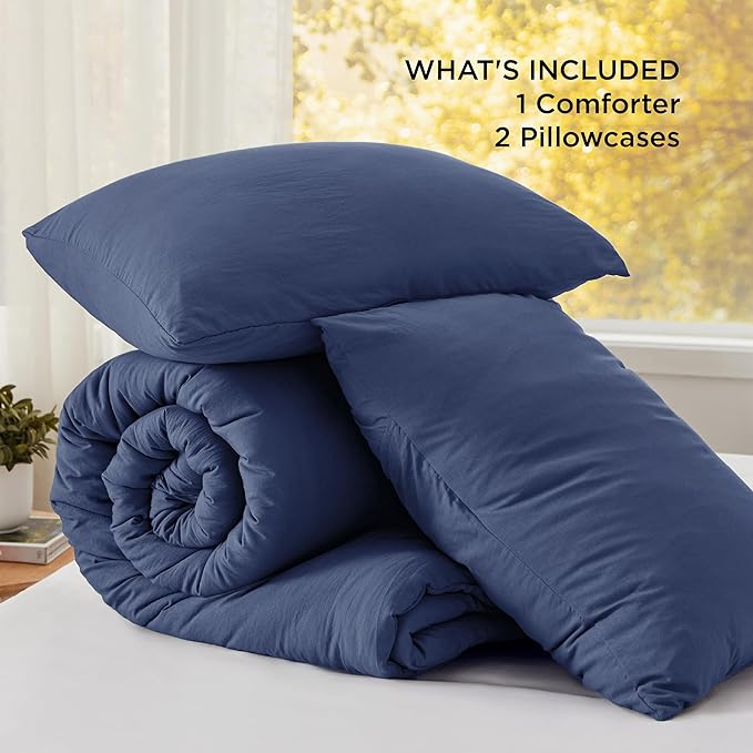 Bedsure California King Size Comforter Set, Navy Soft Prewashed Bedding for All Seasons, 3 Pieces GentleSoft™ Down Alternative Bed Set, 1 Lightweight Comforter (104"x96") and 2 Pillowcases (20"x36")