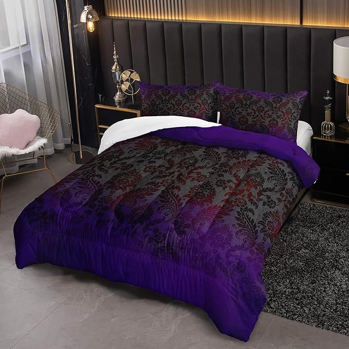 Black Purple Paisley Floral Victorian Gothic Comforter Set Full，Gothic Bedding Set Full Purple，with 1 Comforter with 2 Pillow Case，Halloween Room Decor for Bedroom