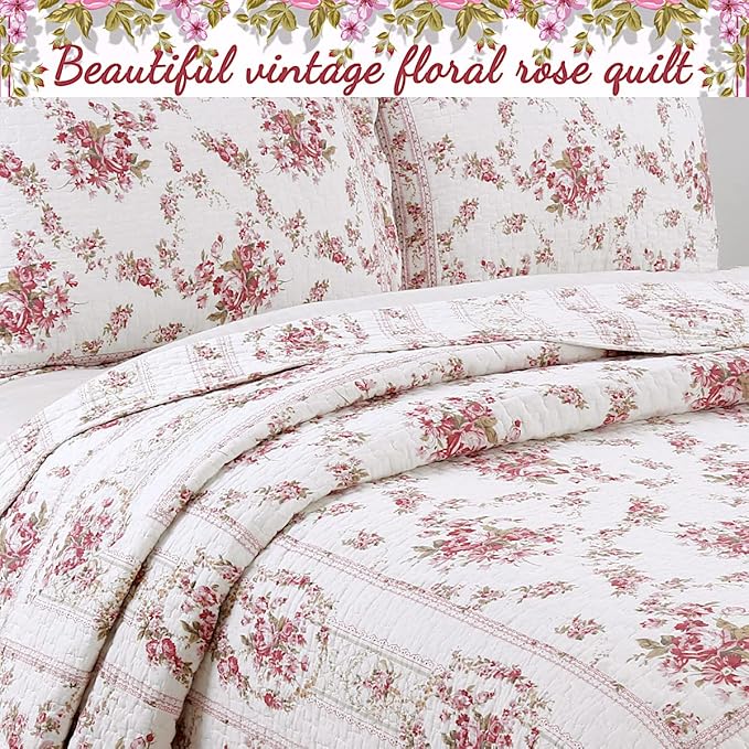 Cozy Line Home Fashions 100% Cotton Quilt Bedding Set, Pink Floral Reversible Coverlet Bedspread (Vintage Rose, Twin - 2 Piece)