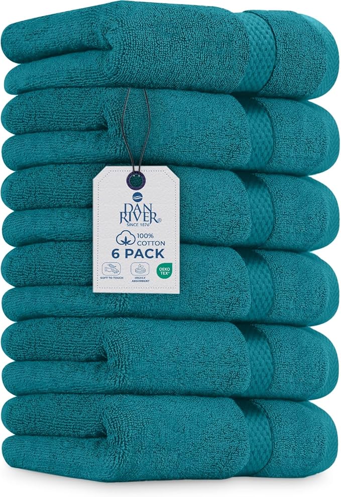 DAN RIVER 6-Pack Premium Hand Towels (16x28 Inches) - 100% Cotton, Ultra Soft, Lightweight, Highly Absorbent Towels for Bathroom, Spa, Gym, Salon, Hotel, and Travel - 550 GSM - Teal
