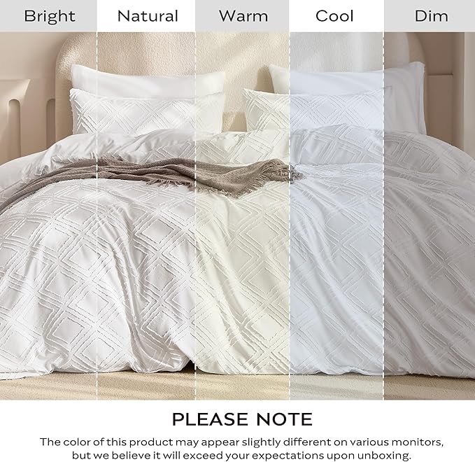 JELLYMONI Duvet Cover Twin Size Bright White - 3PCS Boho Duvet Cover Set Plaid Polyester Tufted Bohemian Jacquard Knit Textured Comforter Cover 68×90in Rhombic Geometric Pattern Corner Ties & Zipper
