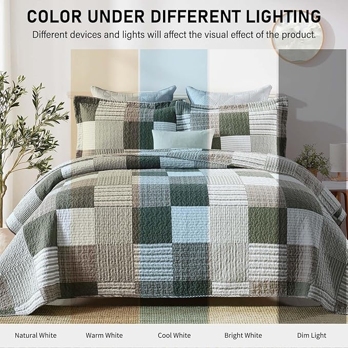 KALOOLA Moonbeam Green Plaid Queen Size Quilt Set - 100% Cotton Lightweight Breathable Quilted Bedspread, All-Season Queen Quilt Bedding Set 3 Pieces, Farmhouse Printed Coverlet for Cozy Comfort