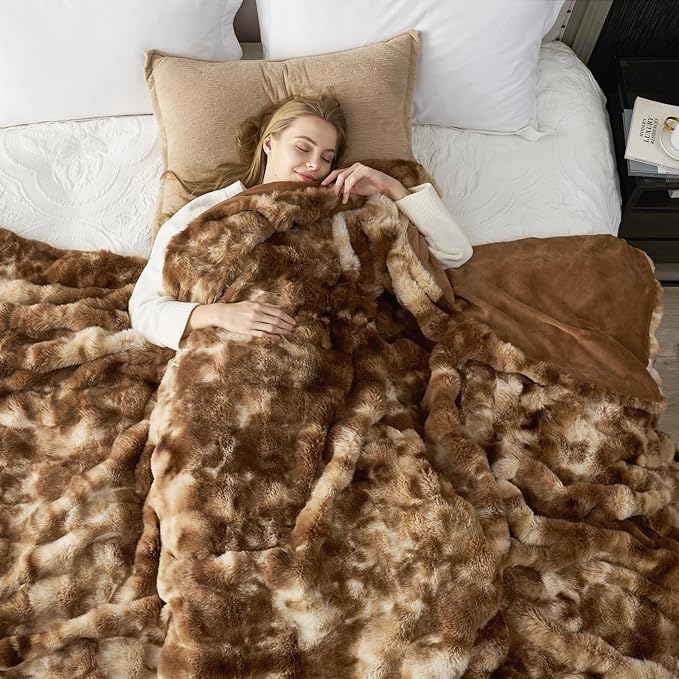 Cozy Bliss Faux Fur Throw Blanket Queen Size, Fuzzy Soft Plush Thick Bubble Blanket for Bed Couch Bedroom Living Room, 90x90 Inches Tie-dye Brown