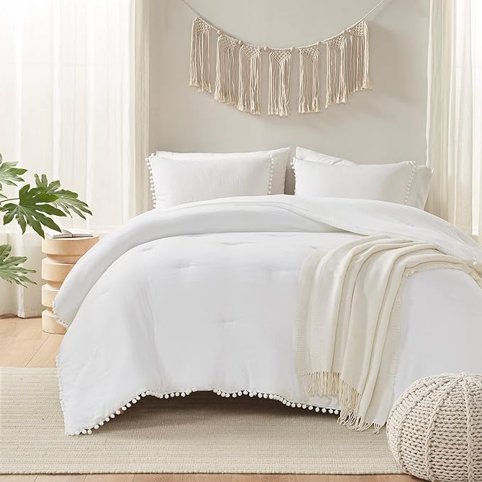 Codi White Boho Twin Comforter Set for Girls, Aesthetic Luxurious Pom Fringe Design Bedding,Cute Soft Washed Microfiber Bed Sets, Lightweight Chic,1 Comforter & 1 Pillowcase