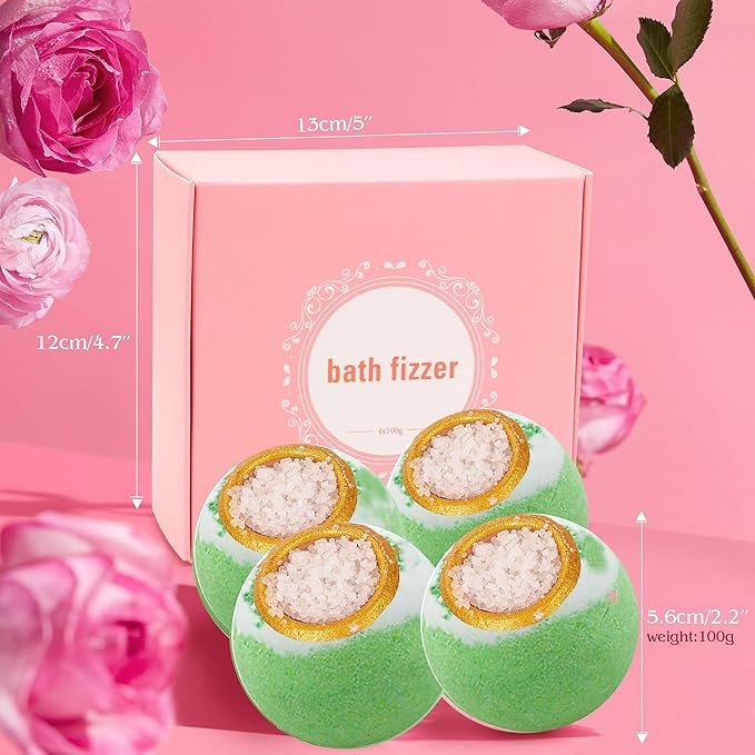 Green Tea Coarse Salt Bath Bombs Balls,4-Pack Gift Set,Moisturizing Dry Skin,Fizzy Spa,Relaxation,Self Care,Relaxing,Bubble Bath Bomb Idea for Men Women