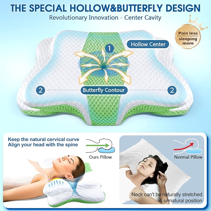 Memory Foam Pillow, Cervical Pillow for Neck and Shoulder Pain Relief, Ergonomic Contour Bed Pillow, Soft for Side Sleep Stomach Sleeping and Back Sleeper