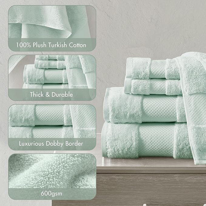 Madison Park Turkish 100% Cotton 600Gsm Luxury Premium Thick Soft Absorbent Hotel Bathroom Towel Set Shower Hand Face Washcloths, Assorted Sizes, Seafoam 6 Piece