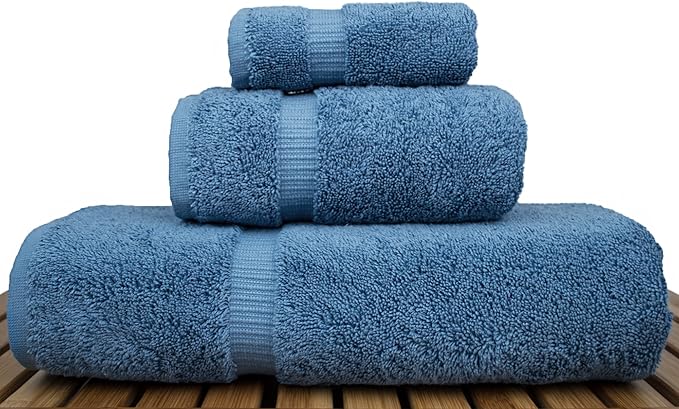 Luxury Hotel & Spa Quality, 100% Turkish Cotton, 750+ GSM, Eco Friendly Towel Set, Bathroom and Kitchen Dobby Border Towels, Bath Towel, Hand Towel, Washcloths (3 Piece, Wedgewood)