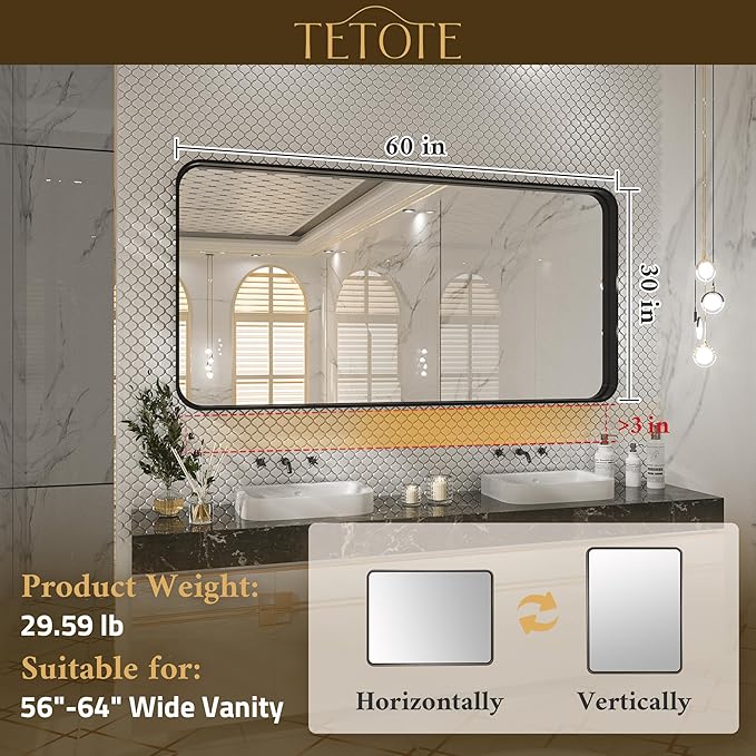 TETOTE 60 x 30 Inch Silver Vanity Mirror, Brushed Silver Rectangle Metal Framed Modern Mirrors for Bathroom, Farmhouse Round Corner Wall Mounted Mirror (Horizontal/Vertical)
