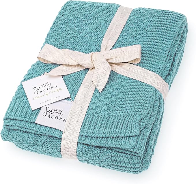 Knit Baby Blanket in Cable Pattern, Organic Cotton Blankets for Crib or Stroller, Receiving Blankets - Ocean Teal