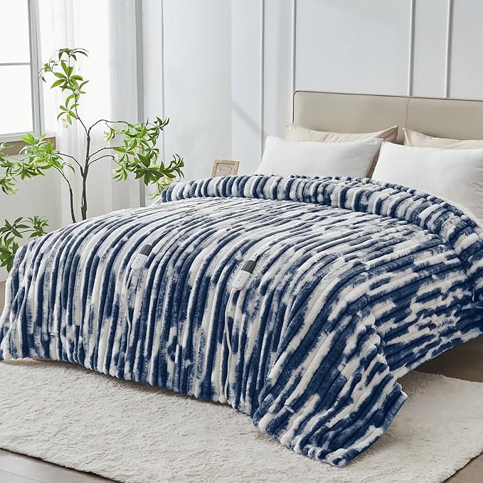 Heated Blanket Queen - 84"x90" Dual Control Bed Electric Blankets with 6 Heating Levels & 10 Hours Auto Off, Soft Ribbed Faux Fur Sherpa, Over-Heated Protection ETL, Navy Blue