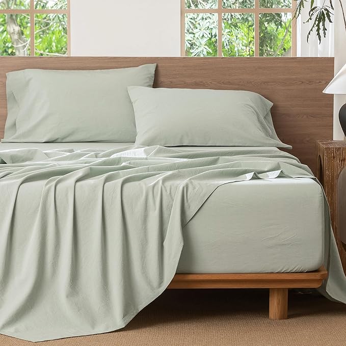 MooMee Bedding Sheet Set 100% Washed Cotton Linen Like Textured Breathable Durable Soft Comfy (Heathered Sage Green, King)