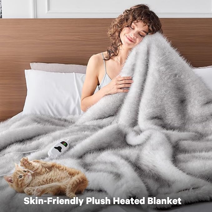 Faux Fur Heated Electric Blanket Throw, 50"X60" Heating Blanket Gifts for Women Mom Winter Warming Warm Luxury Super Cozy Fuzzy Heavy Plush Fluffy Decor, 10 Heat Levels 8H Auto Off,White