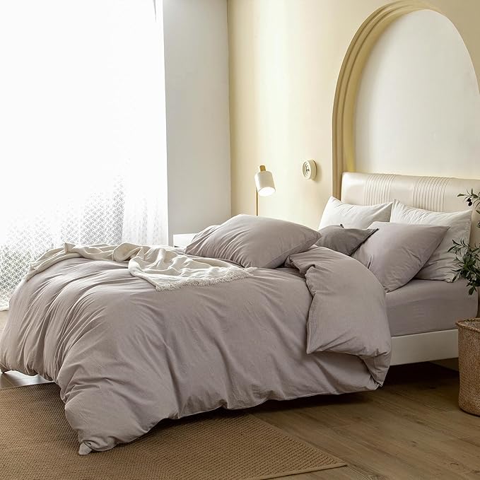 JIYUAN 100% Washed Cotton Duvet Cover Set 3 Pieces Super King, 1 Duvet Cover 108x98 Inches(Comforter Not Included) and 2 Pillowcases,Linen Feel Bedding Set Comfy and Breathable, Heathered Linen