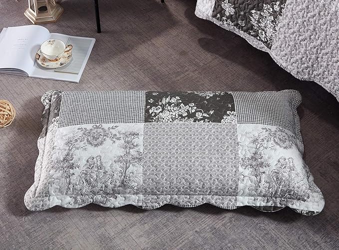 Brilliant Sunshine Grey Toile Floral Patchwork, 3-Piece Quilt Set with 2 Shams, Reversible Bedspread, Soft Lightweight Coverlet, All-Season, King, Grey