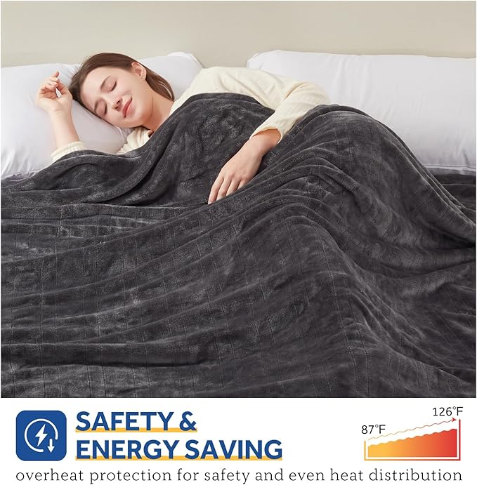 Sealy Heated Electric Blanket Full Size, Flannel Electric Blanket with 10 Heating Levels & 1-12 Hours Auto Shut Off, Fast Heating Warming Blanket, Machine Washable, Grey, 80 x 84 Inch
