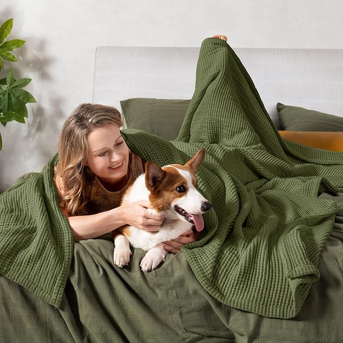 PHF 100% Cotton Waffle & Muslin Blanket Queen Size, Soft Breathable Luxury 400GSM Versatile Reversible Bedding for Bed, Great for Layering in Cold Weather, Home Decor Gift, 90" x 90", Olive Green