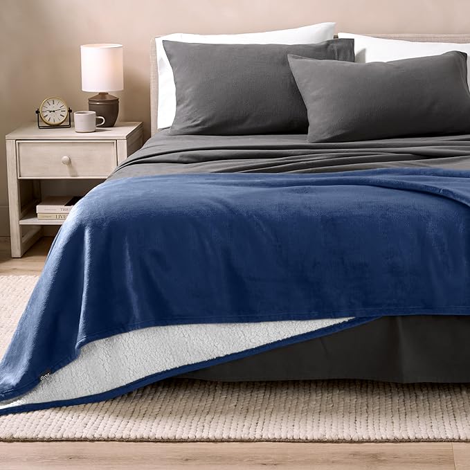 Bare Home Sherpa Fleece Blanket - King Size - Blanket for Bed, Sofa, and Couch - Warm & Lightweight - Fluffy & Soft - Reversible (King, Dark Blue)
