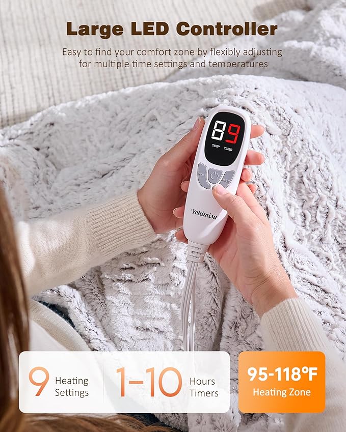 Electric Blanket Heated Twin 62"x84", Eelectric Blanket Clearance with 9 Heating Levels & 1-10H Timer, Silky Faux Fur, Auto Off, Fluffy Cozy Machine Washable Bedding, ETL Certified (Brushed White)
