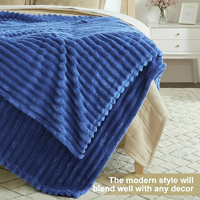 decorUhome Christmas Soft Fleece Navy Blue Blanket King Size for Bed, Cozy Fluffy Plush Flannel Large Striped Throws for Couch Sofa, Lightweight Decorative Fuzzy Blanket for Woman, 108x90 Inches