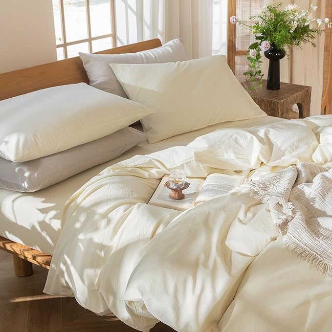 MooMee Bedding Duvet Cover Set 100% Washed Cotton Linen Like Textured Breathable Durable Soft Comfy (Solid Cream White, Super Queen 90"x98")